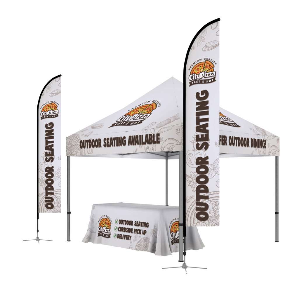 Custom branded event canopy, flags, and table cover