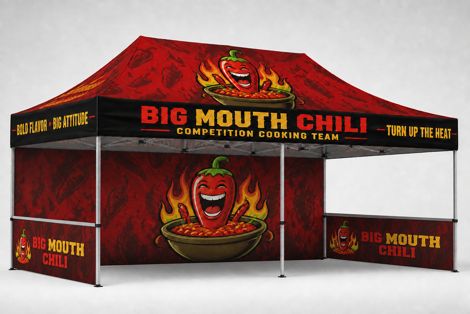 Custom Big Mouth Chili event tent with a printed backwall and sidewalls