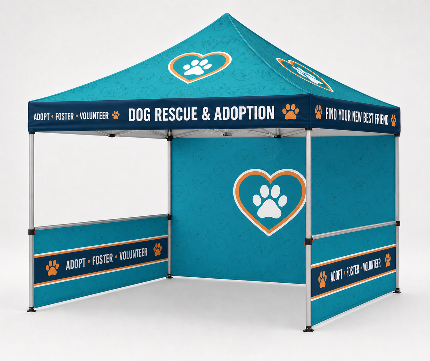 Custom dog rescue event tent with a printed backwall and sidewalls