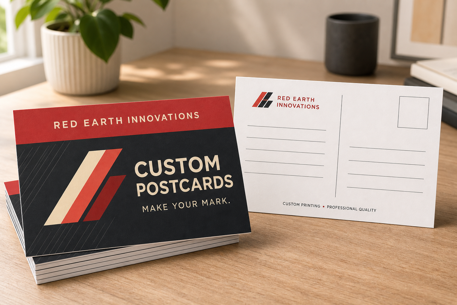 Generic custom postcards showing front and back designs